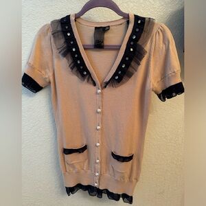 Short sleeve sweater top, pink/navy blue ruffle, rhinestones, size small